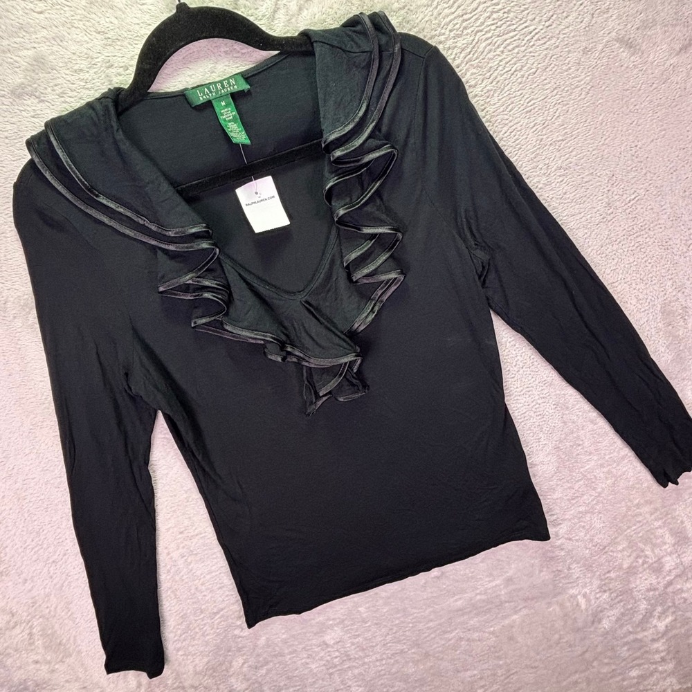 NWT Lauren Ralph Lauren Womens Top Size Medium Black Ruffle V-Neck Long Sleeve